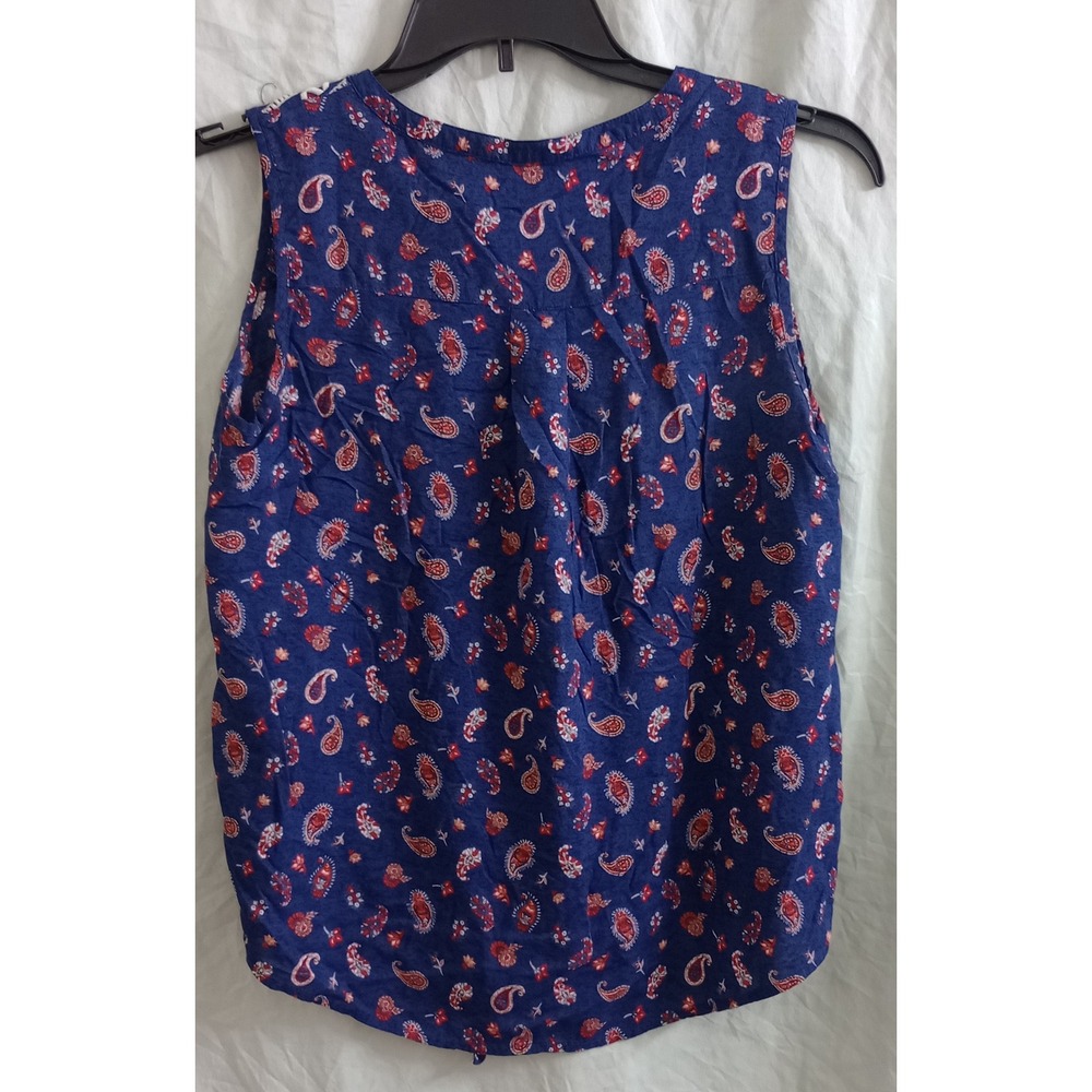 Lucky Brand Womens Navy Blue Paisley Sleeveless Button Front Tie Hem Blouse M - Picture 2 of 5